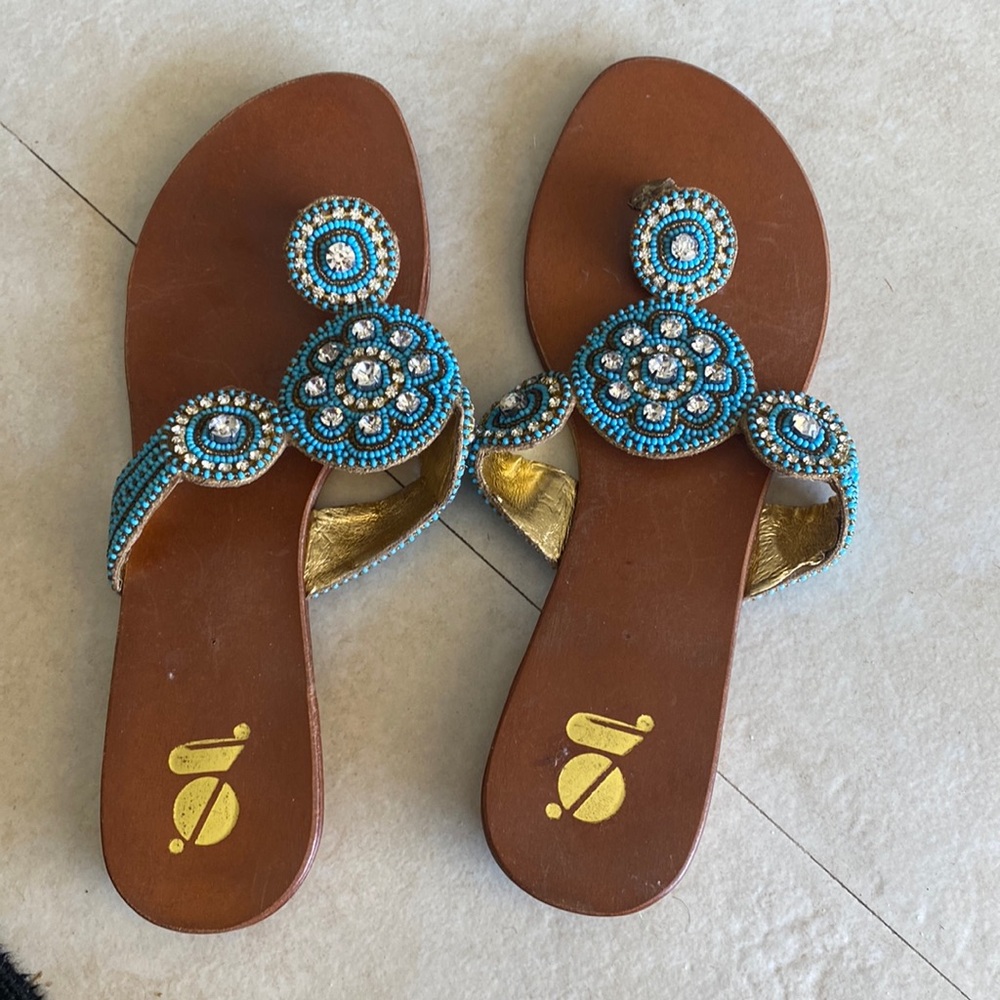 Pair of blue and diamond beaded, sandals, hand beaded with rhinestones